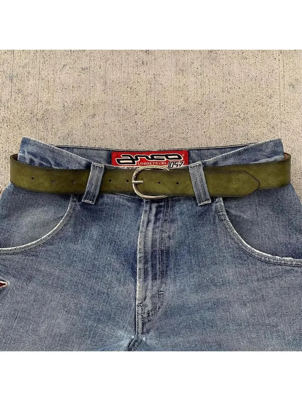 Faded Green leather belt with Gold oval belt buckle. Very cool unique belt. Y2k